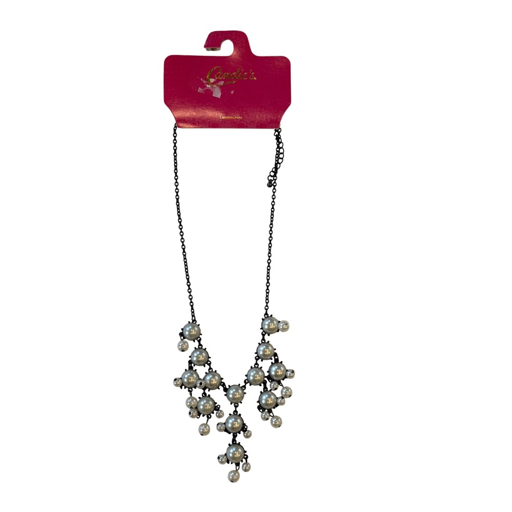 Candies Faux Pearl Bib Necklace Gunmetal Grey White Statement Jewelry NWT